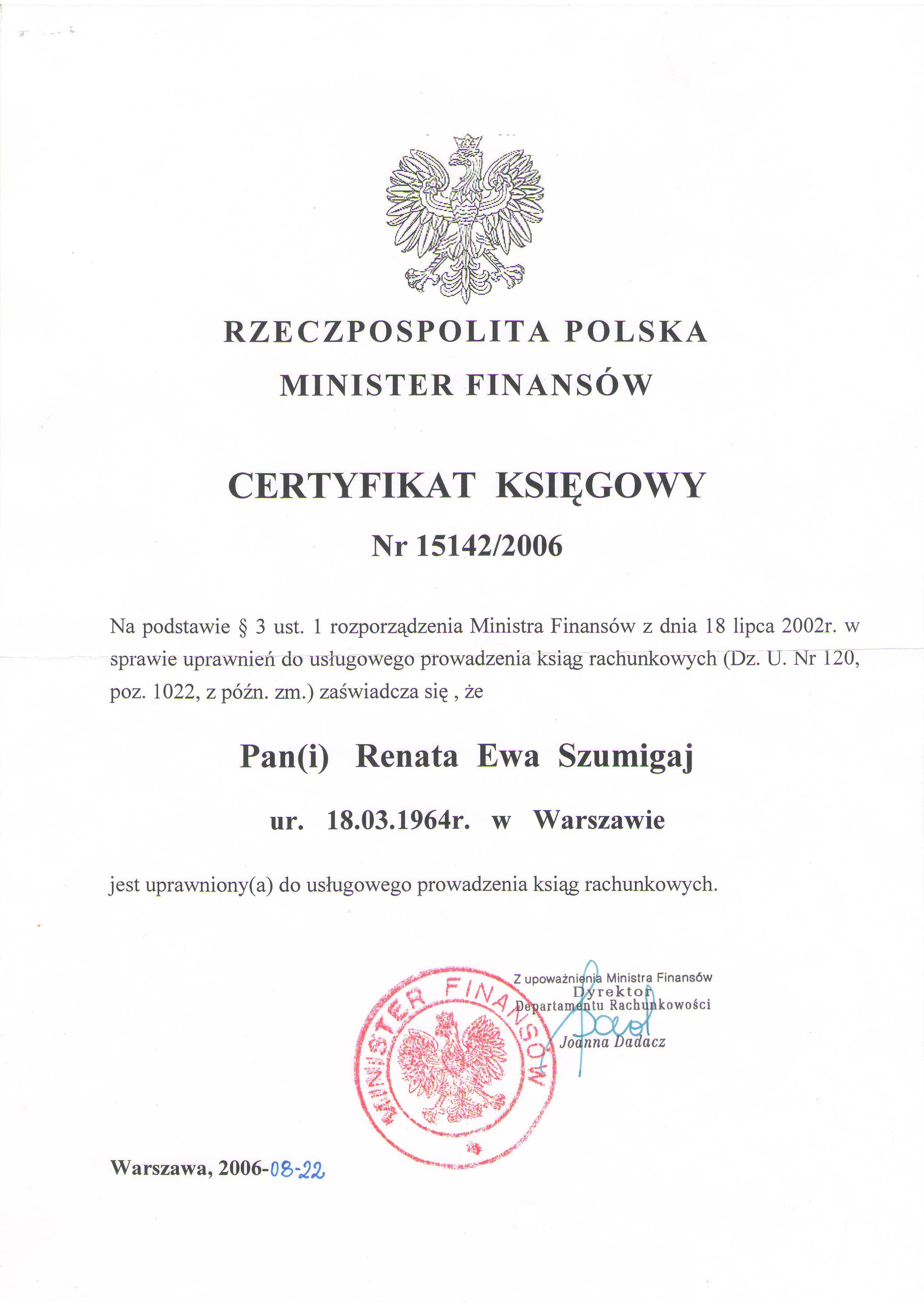 Certyfikat Księgowy Biuro Rachunkowe Rendor